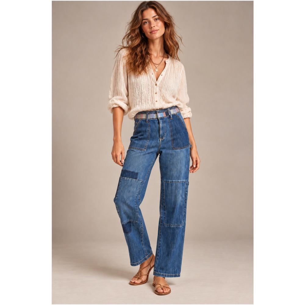 Anthropologie Pilcro High Rise Patchwork Boyfriend Jeans 31 Blue Carpenter Denim